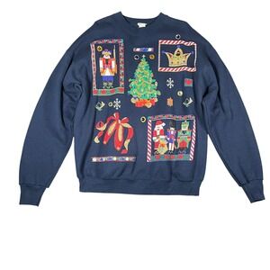 Vintage India Ink Christmas Sweatshirt Navy Blue Nutcracker Santa Sequin OSFA